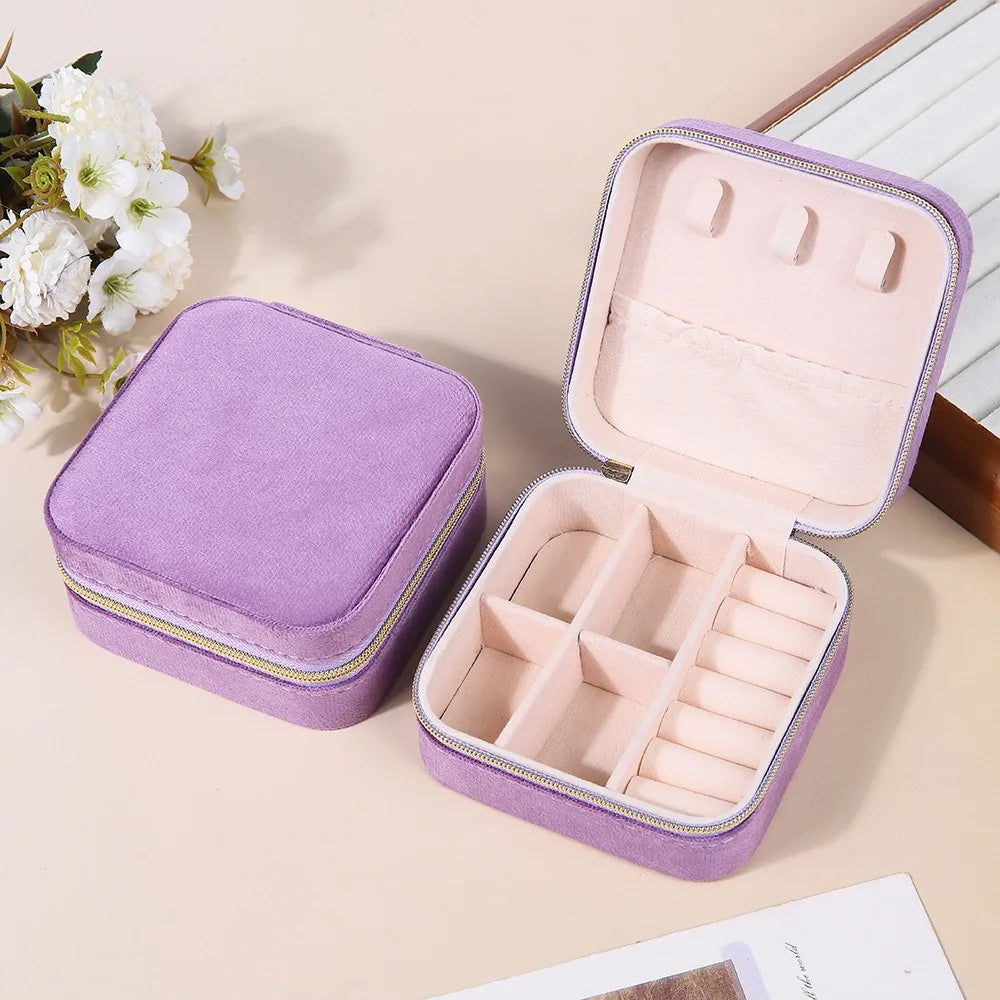 Velvet Jewelry Box For Women Necklace Ring Earrings Organizer Holder Travel Portable Zipper Square Jewelry Storage Case