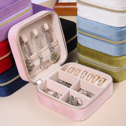 Velvet Jewelry Box For Women Necklace Ring Earrings Organizer Holder Travel Portable Zipper Square Jewelry Storage Case